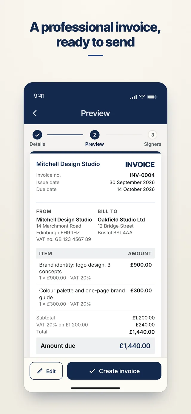 AgreeVia invoice preview from Mitchell Design Studio with two items, VAT and payment details