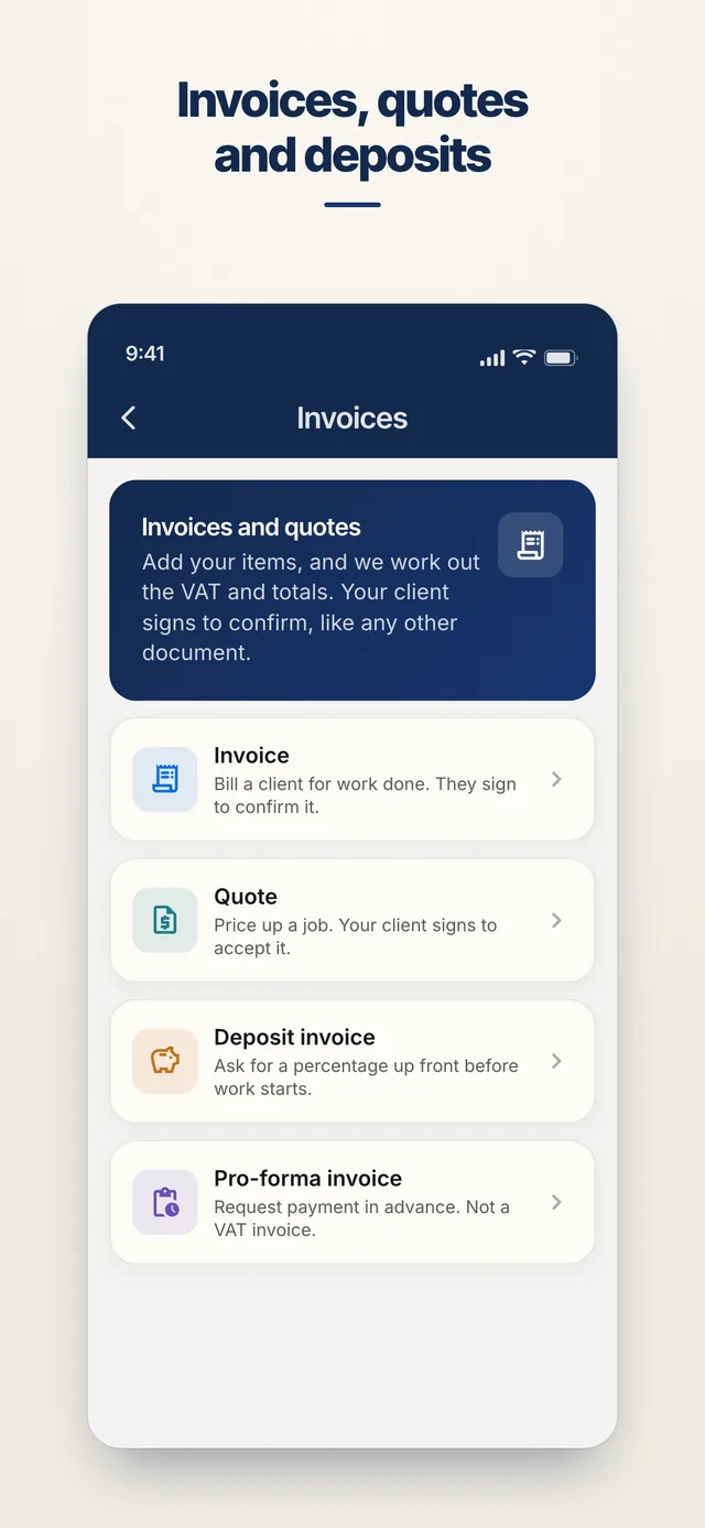 AgreeVia invoice types: invoice, quote, deposit invoice and pro-forma invoice