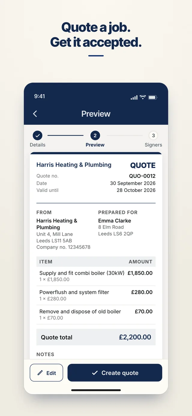 AgreeVia quote preview from Harris Heating and Plumbing to a customer, with three priced items and a total