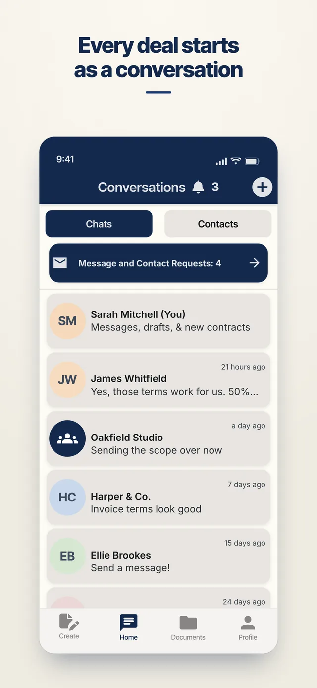 AgreeVia conversations screen listing chats with clients and a message and contact requests banner