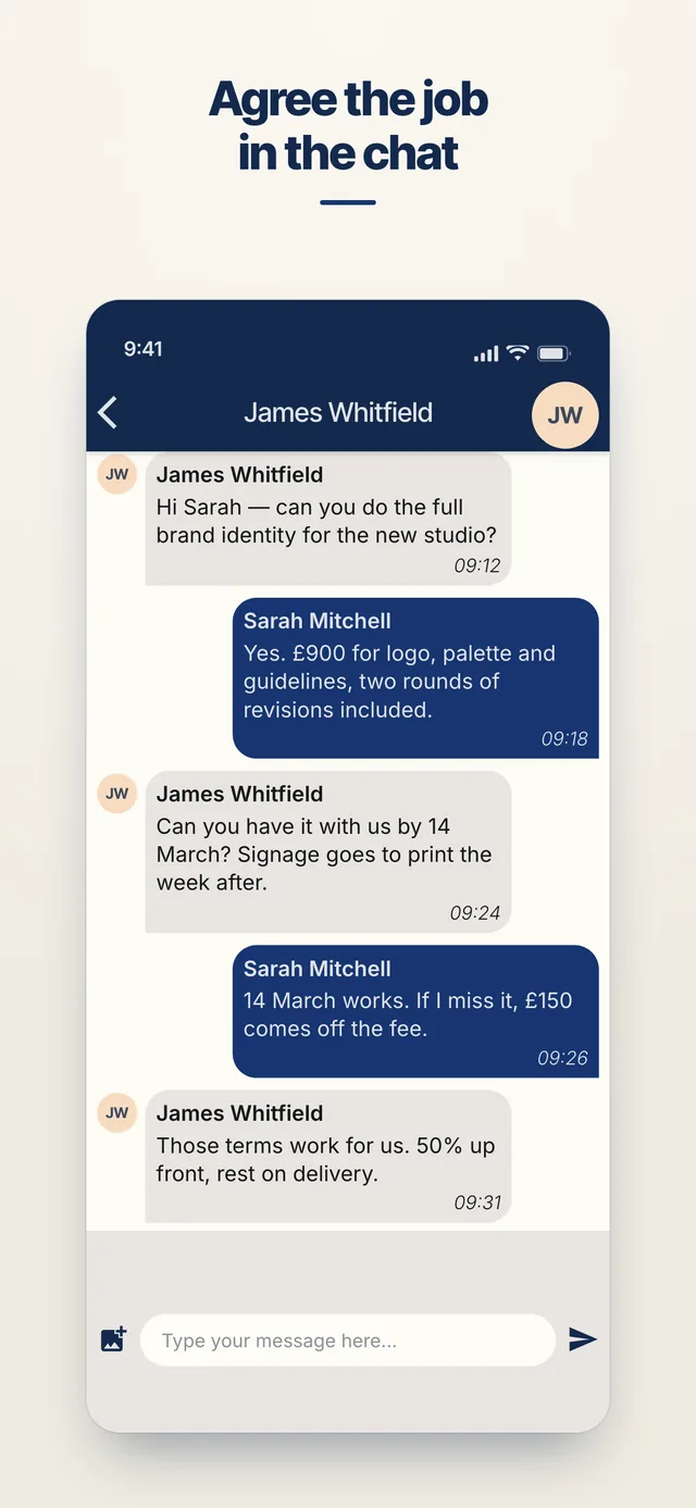 AgreeVia chat screen showing a client and a designer agreeing the price, deadline and terms of a job