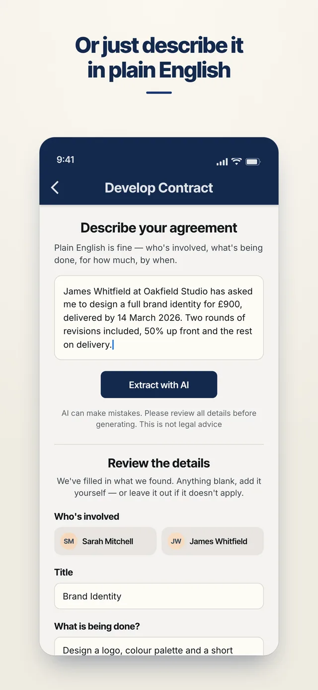 AgreeVia screen for describing an agreement in plain English, with the terms AI extracted shown below for review