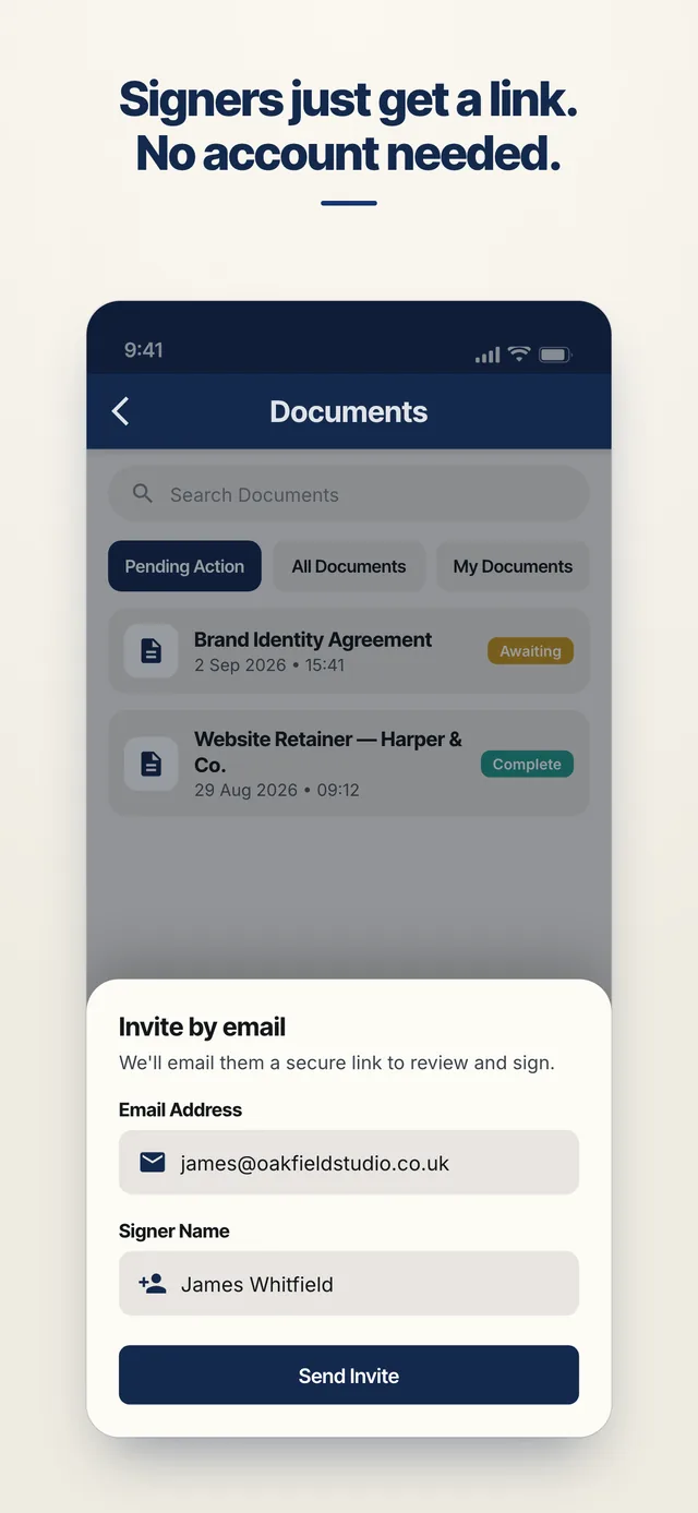 AgreeVia screen for inviting a signer by email — no account needed on their end