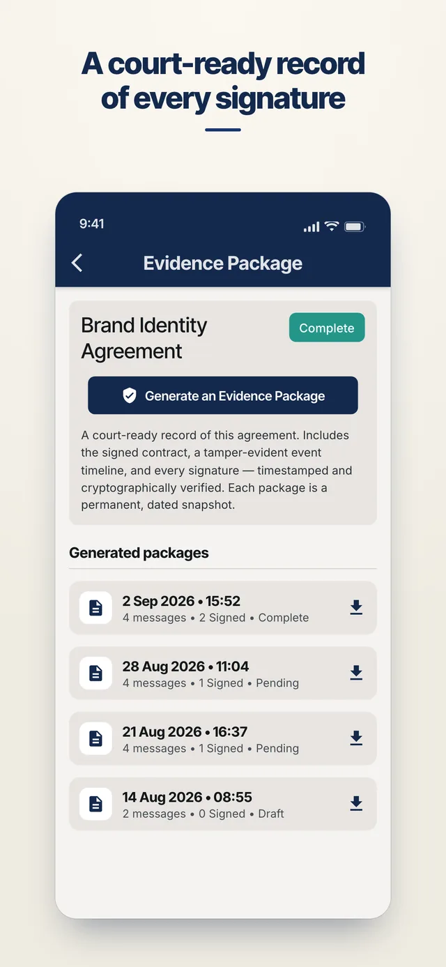 AgreeVia evidence package screen showing a court-ready, timestamped signature record