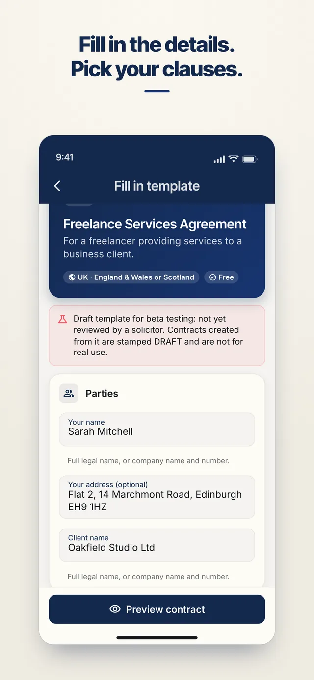 AgreeVia form for filling in a Freelance Services Agreement template, starting with the parties