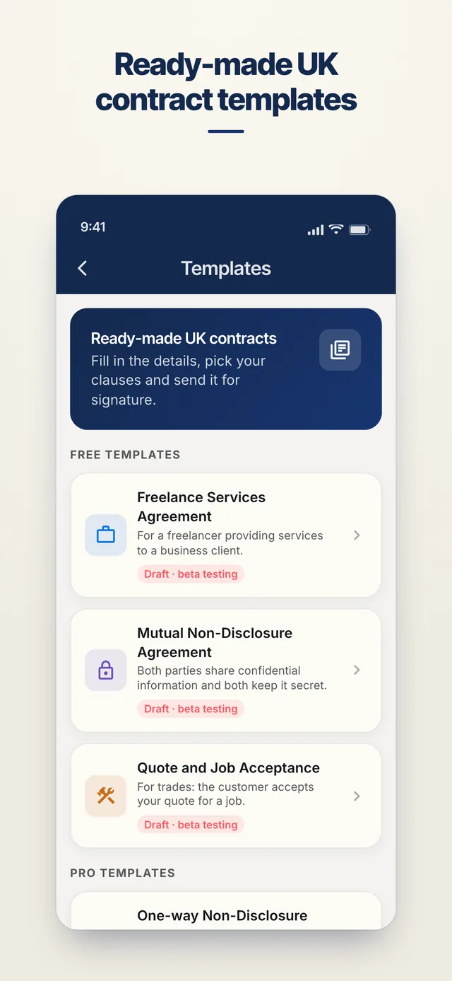AgreeVia template list with free and Pro UK contract templates
